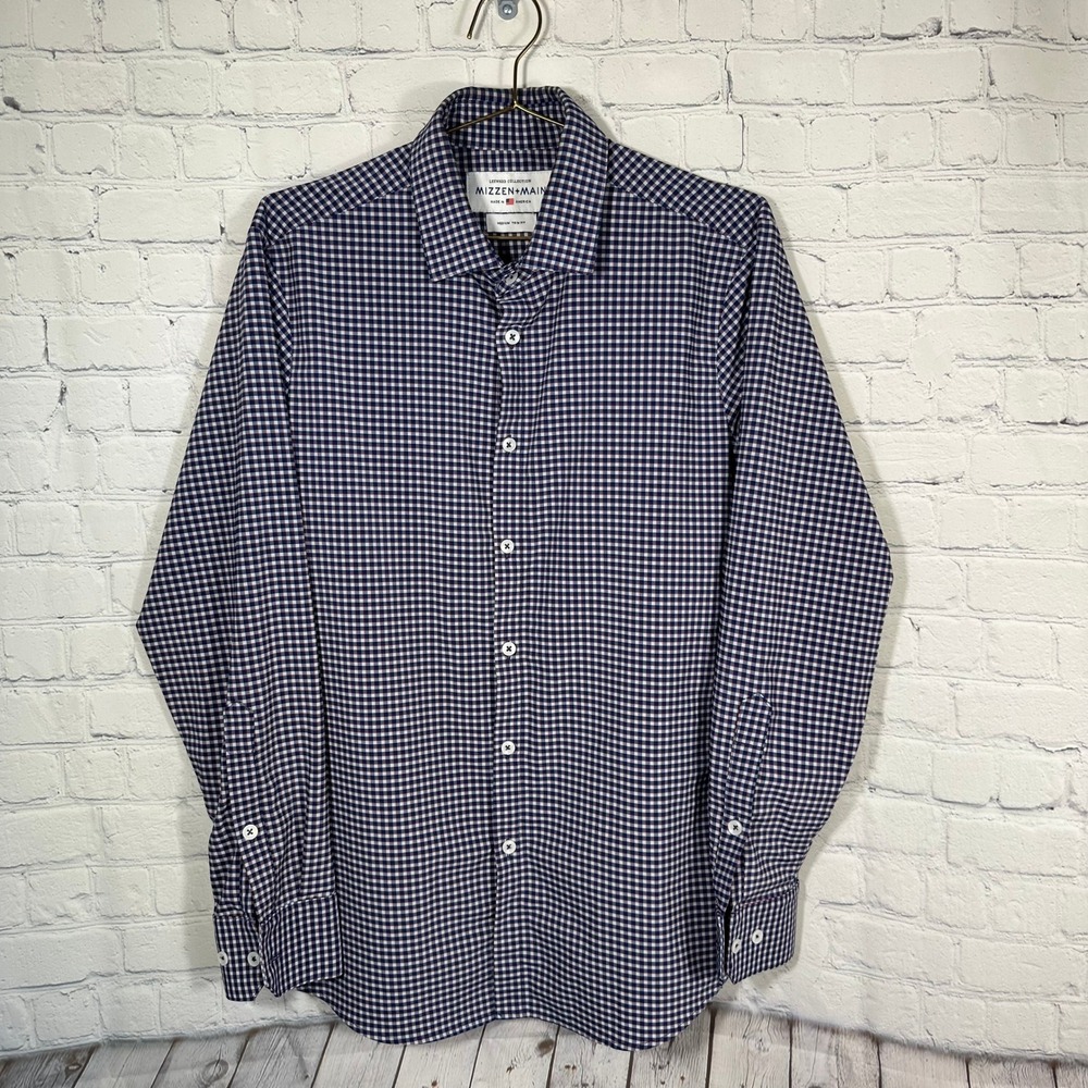 Mizzen+Main Leeward Dress Shirt Mens Medium Trim Fit Gingham Red White Blue